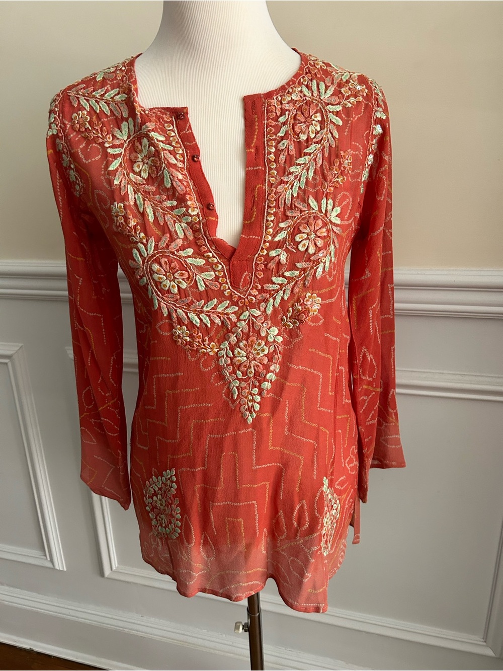 Barney’s NY Embroidered V-Neck Women's Tunic Top in Coral Natural Silk Boho